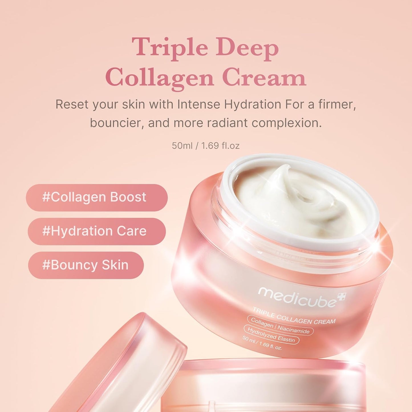 medicube Triple Collagen Cream - Hydrating & Firming Moisturizer with Hyaluronic Acid, Premium Elastin, Shea Butter - Wrinkle Care & Boosts Elasticity - Korean Skincare, 1.69 oz 50ml