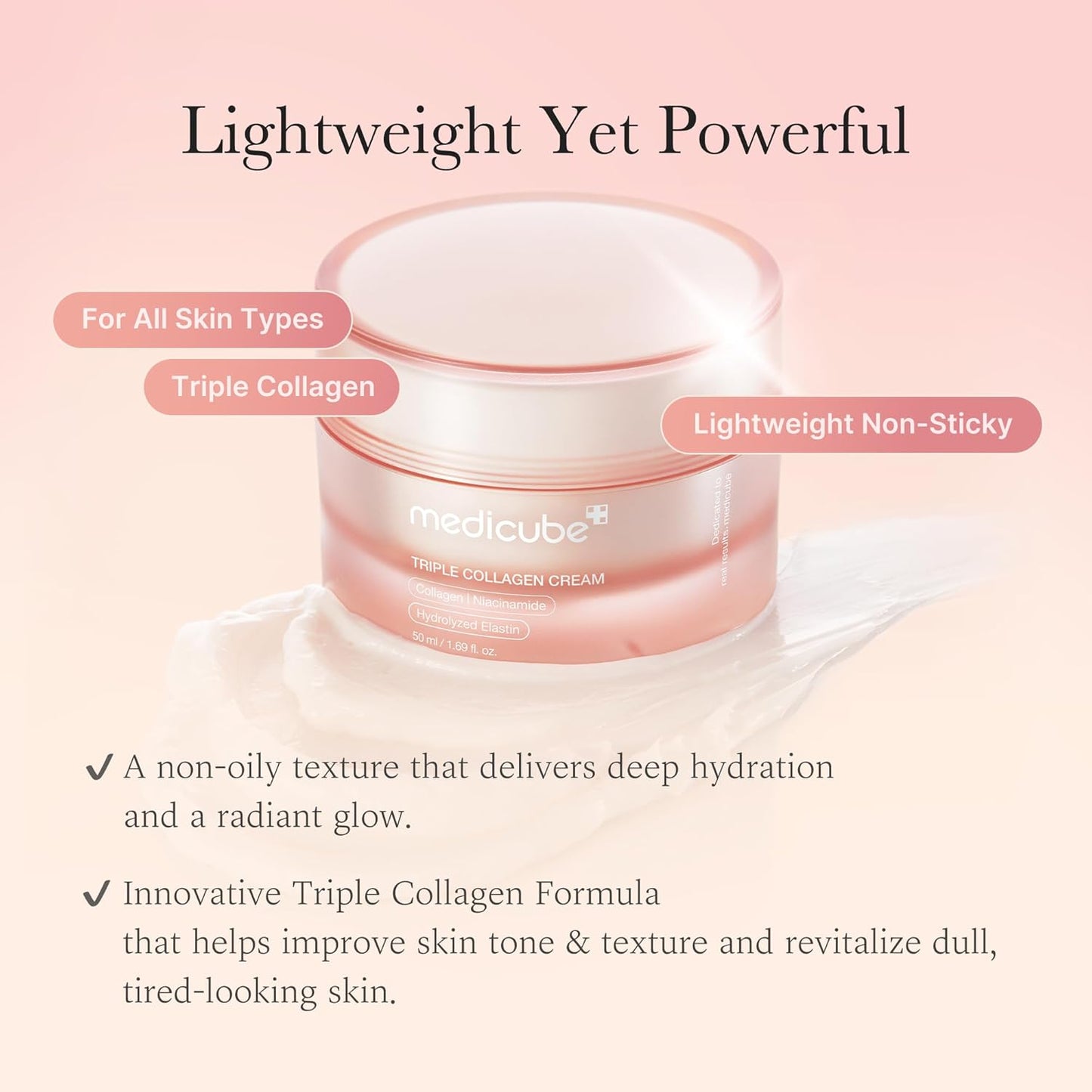 medicube Triple Collagen Cream - Hydrating & Firming Moisturizer with Hyaluronic Acid, Premium Elastin, Shea Butter - Wrinkle Care & Boosts Elasticity - Korean Skincare, 1.69 oz 50ml